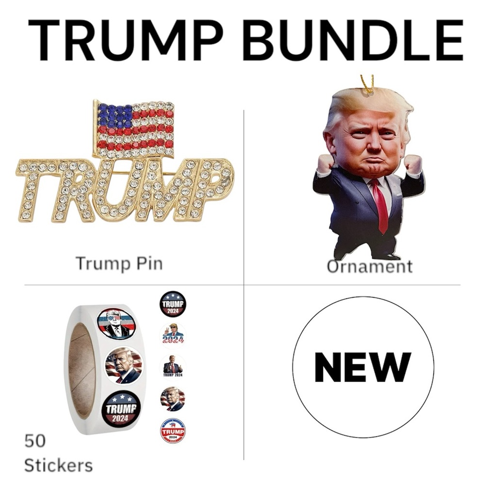 Trump PIN - BUNDLE - ORNAMENT - STICKER Gift Set New NWT Vote Election Set of 3